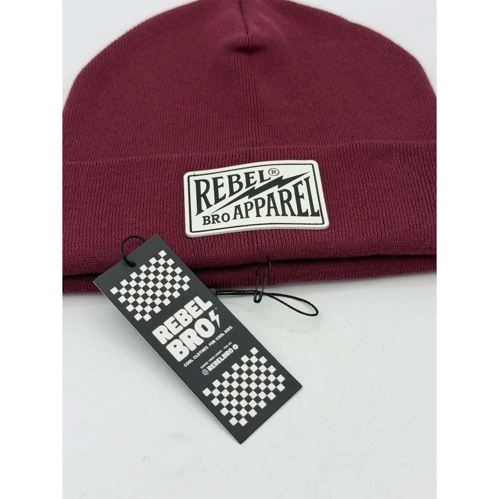 Rebel Bro Apparel Burgundy Knit Beanie Adult 100% Cotton Cuffed Logo Hat Cap